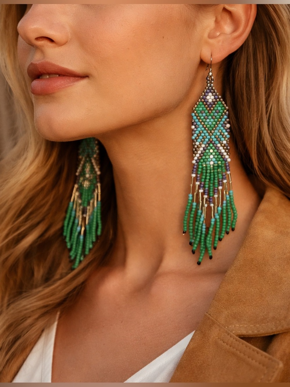 Beaded Earrings Boho Western Statement  5” Green Tribal Cowgirl Festival Jewelry